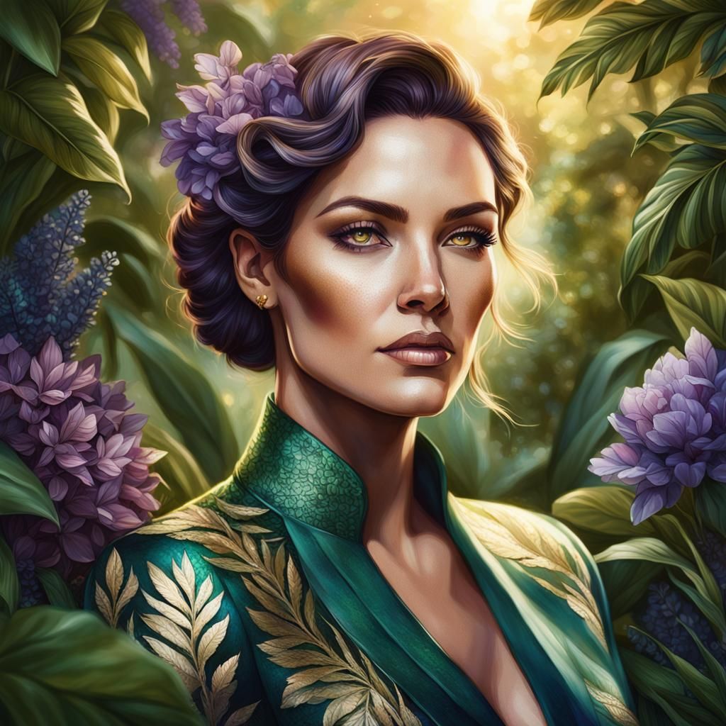 Elegant Portrait with Lush Greenery, Art Deco Style