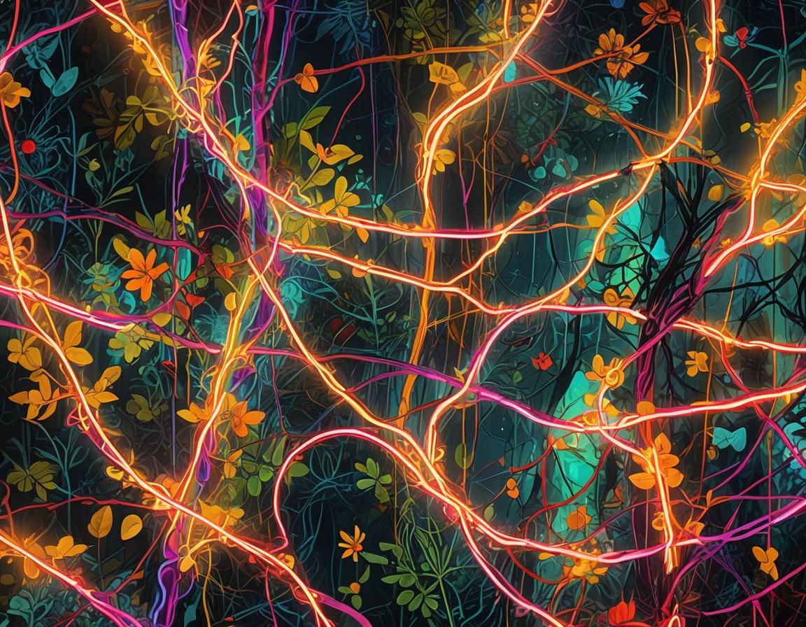 Neon-Drenched Spanish Art with Digital Code and Foliage