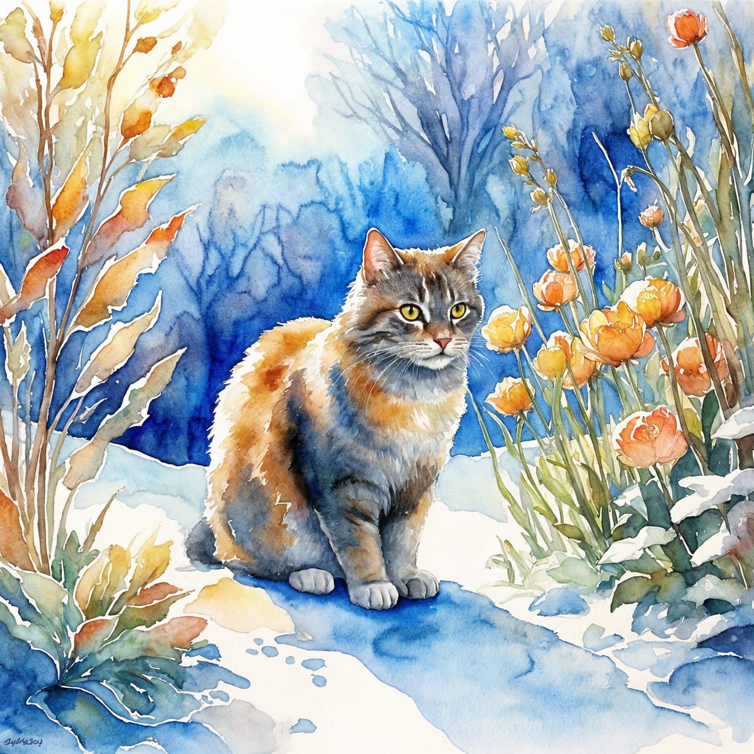Watercolor Cat in Cold Garden, Dreamy Fluid Effect