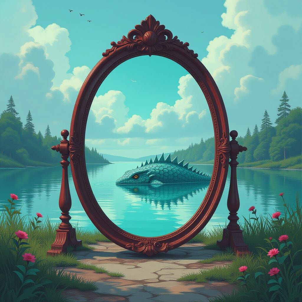 Mystical Mirror Reflects Teal Waterscape with Scaled Monster