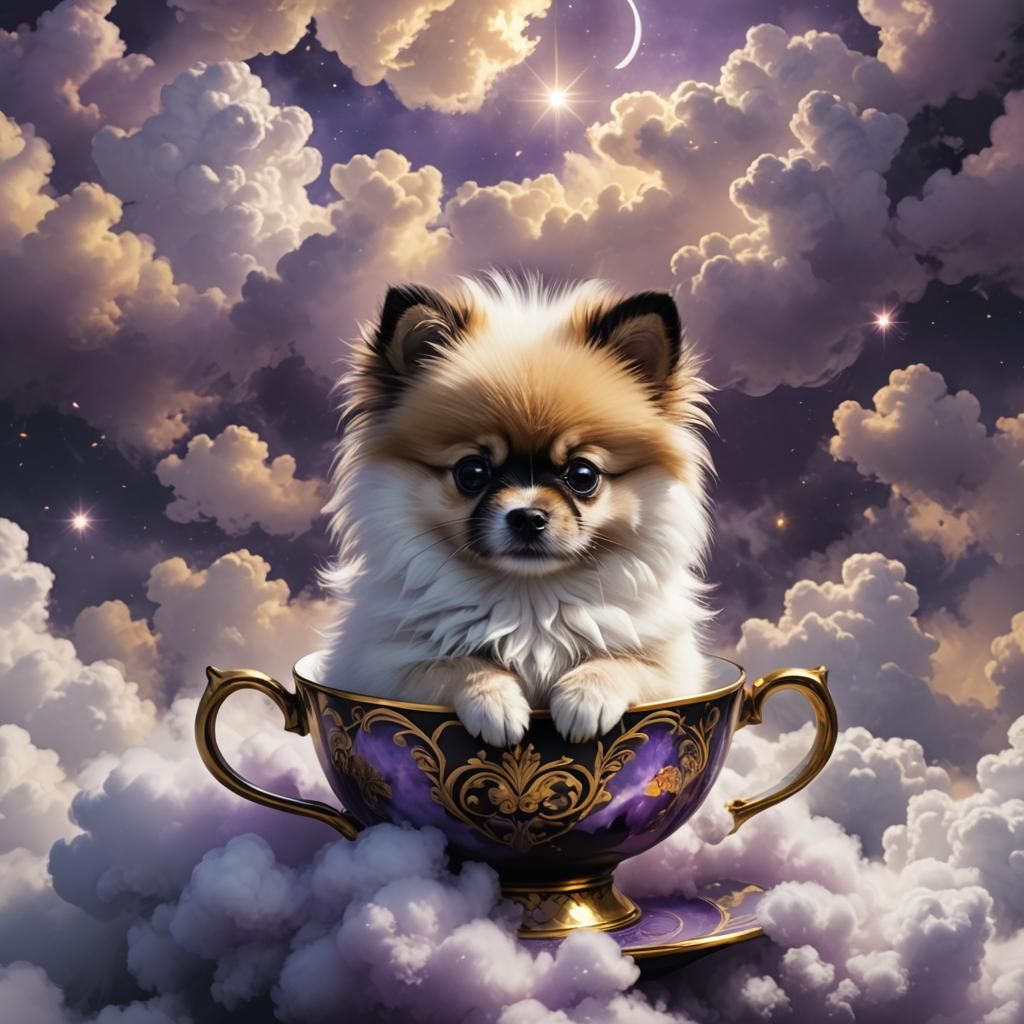 Black and White Pomeranian Puppy in Clouds