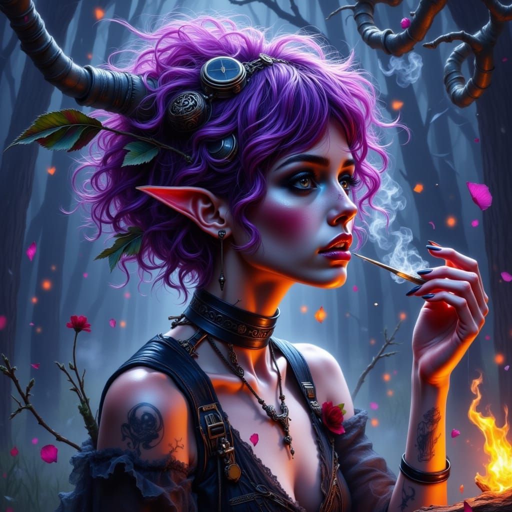 Cyberpunk Faerie Witch Breathing Fire in Neon Style