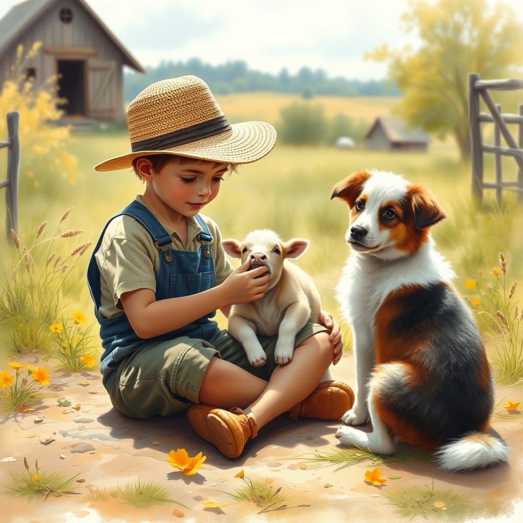 Young Boy Brushes Calf in a Rustic Landscape