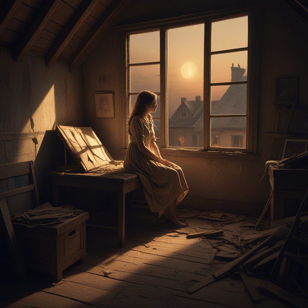 Lonely Girl in Dusty Attic with Books and Teddy Bear at Nigh...