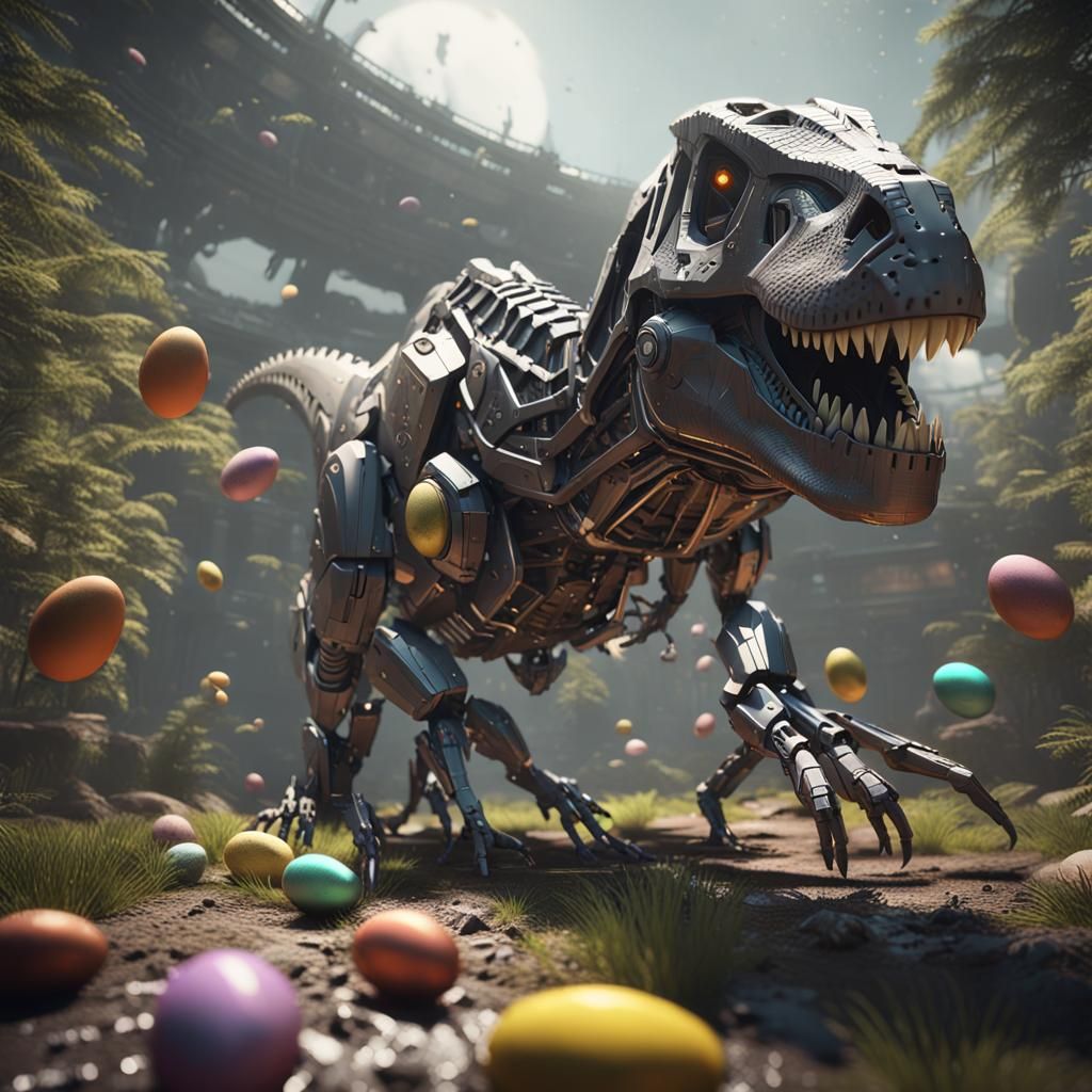 T-Rex Easter Egg Hunt in Sci-Fi Style