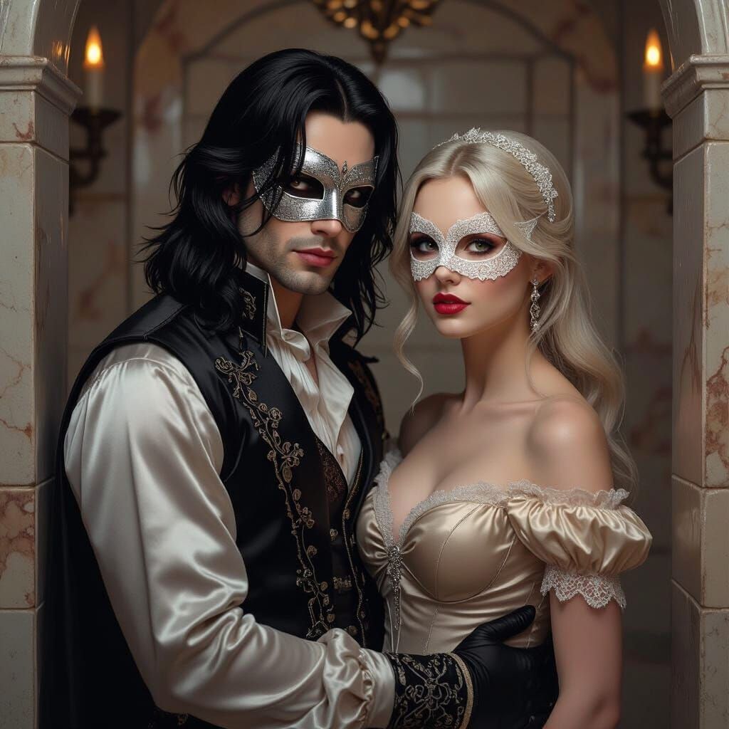 Vampire Waltzing in Gothic Ballroom with Masked Partner