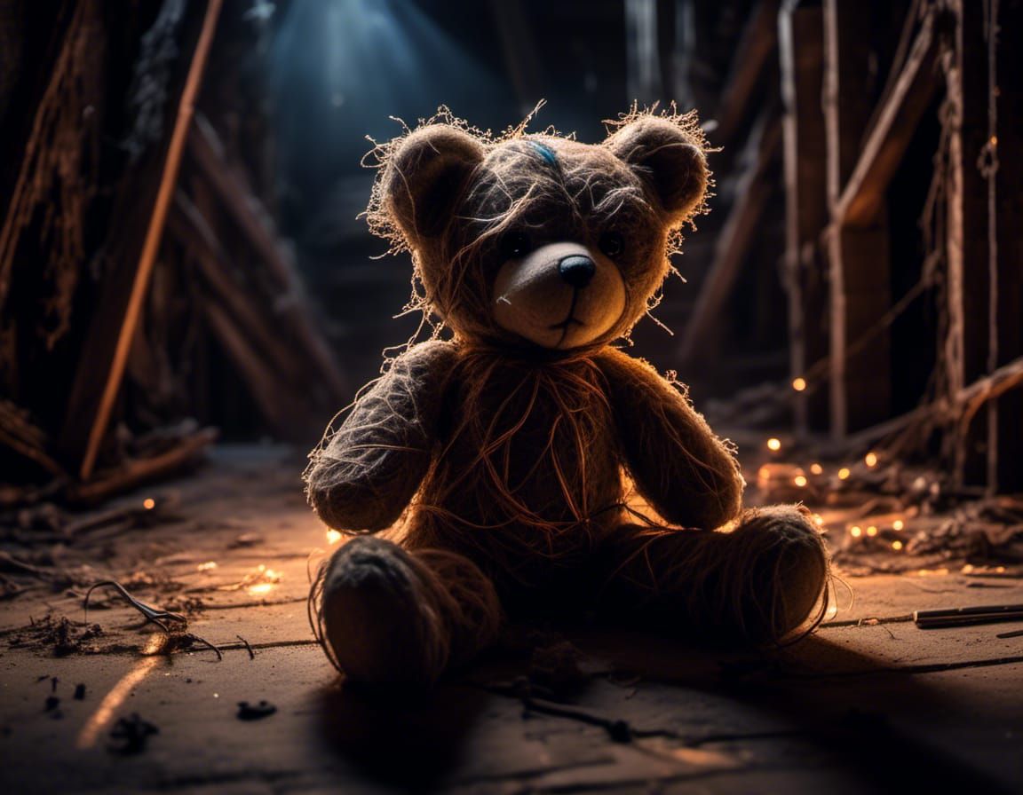 Neon-Eyed Teddy Bear in Dystopian Attic