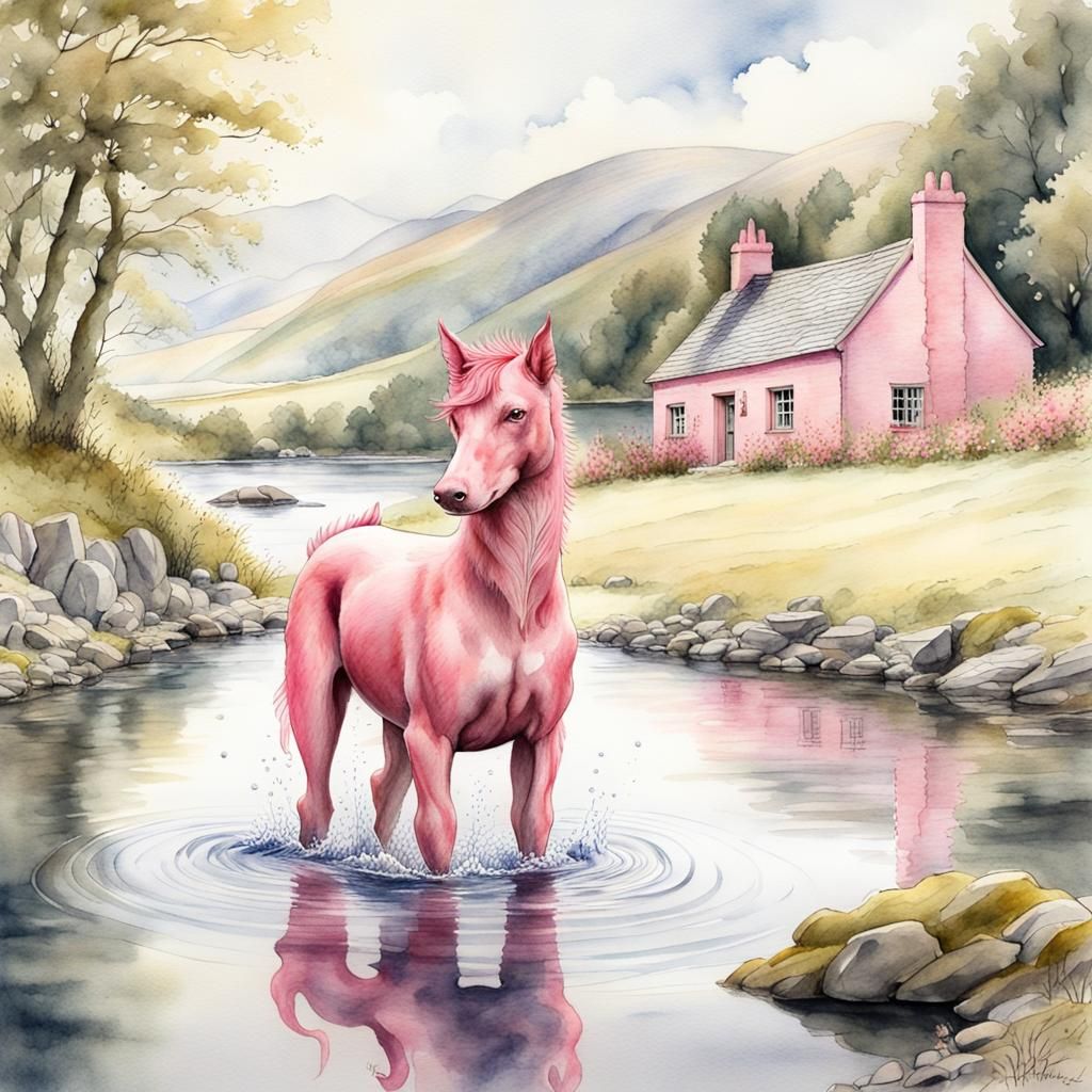 Pink Water Kelpie Emerging from Loch, Watercolor Sketch