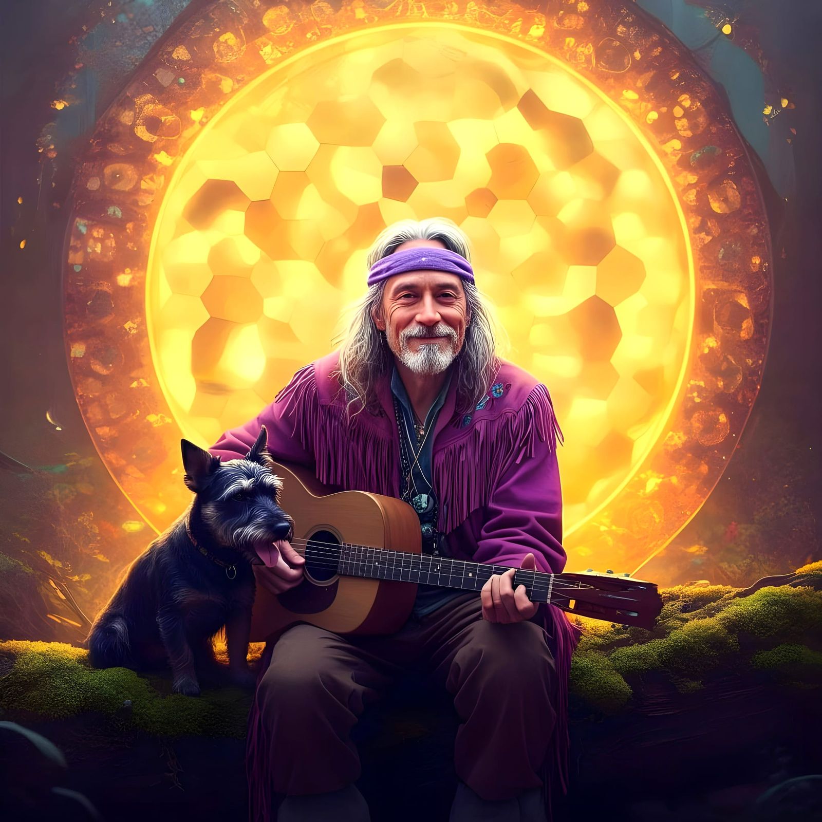 Astonishing Golden Portal Scene with Elaborate Hippie Musici...