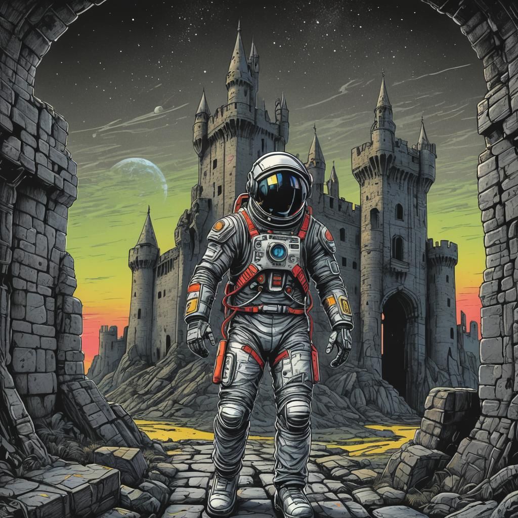 Spaceman navigating an Ruined Castle