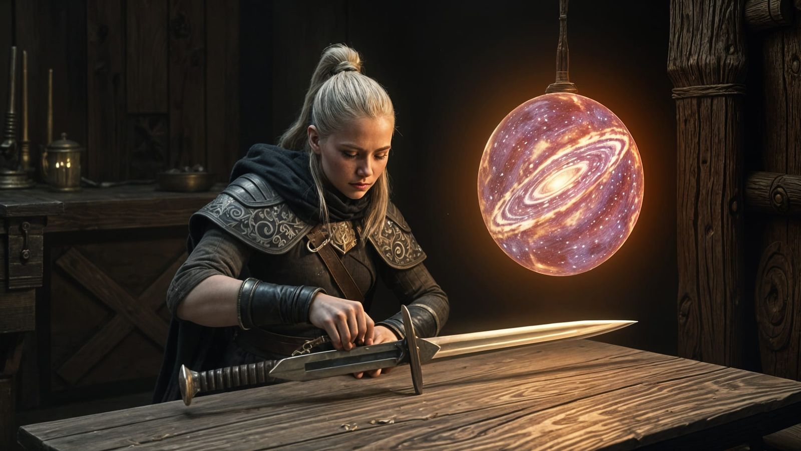 Norse Shieldmaiden Sharpening Sword in Galaxy Light