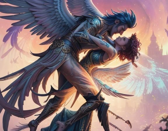 Evil Angel and Lover in Ornate Garden: Pixar Style