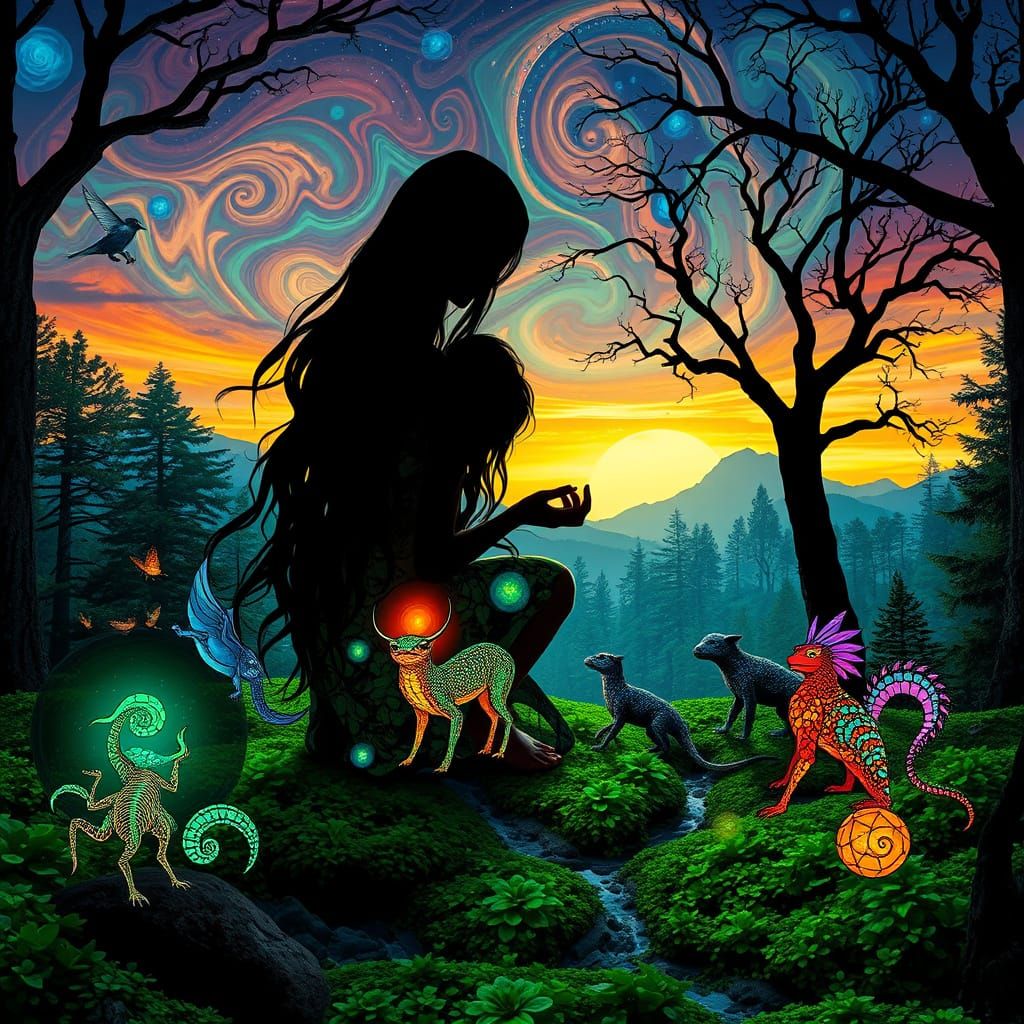 Mystical Creatures Collage in Forest Glade