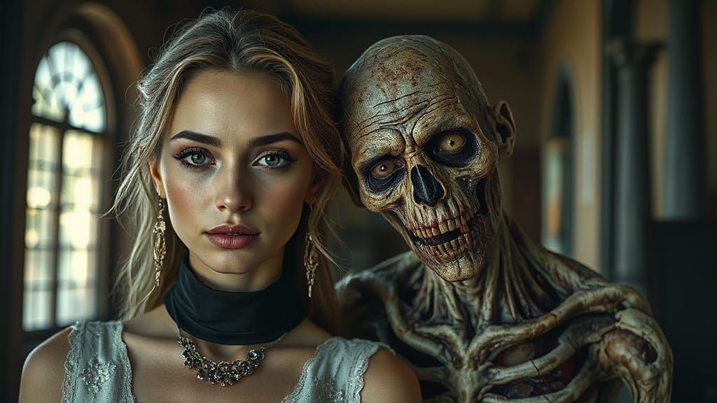 Supermodel and Zombie in Hyperrealistic Style