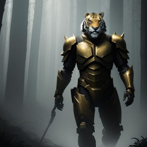 Armored Tiger Warrior in Misty Forest, Film Noir