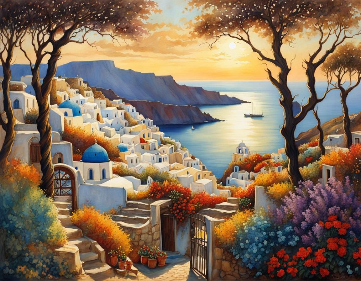 Romantic Santorini Village in Dreamlike Watercolor Style
