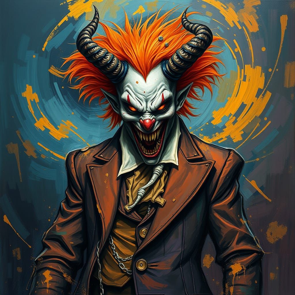 Sinister Demon Clown in Vibrant, Dark Abstract Art