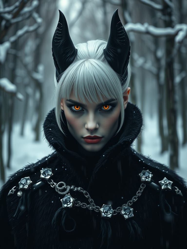 Cruella in Winter Forest with Piercing Orange Eyes