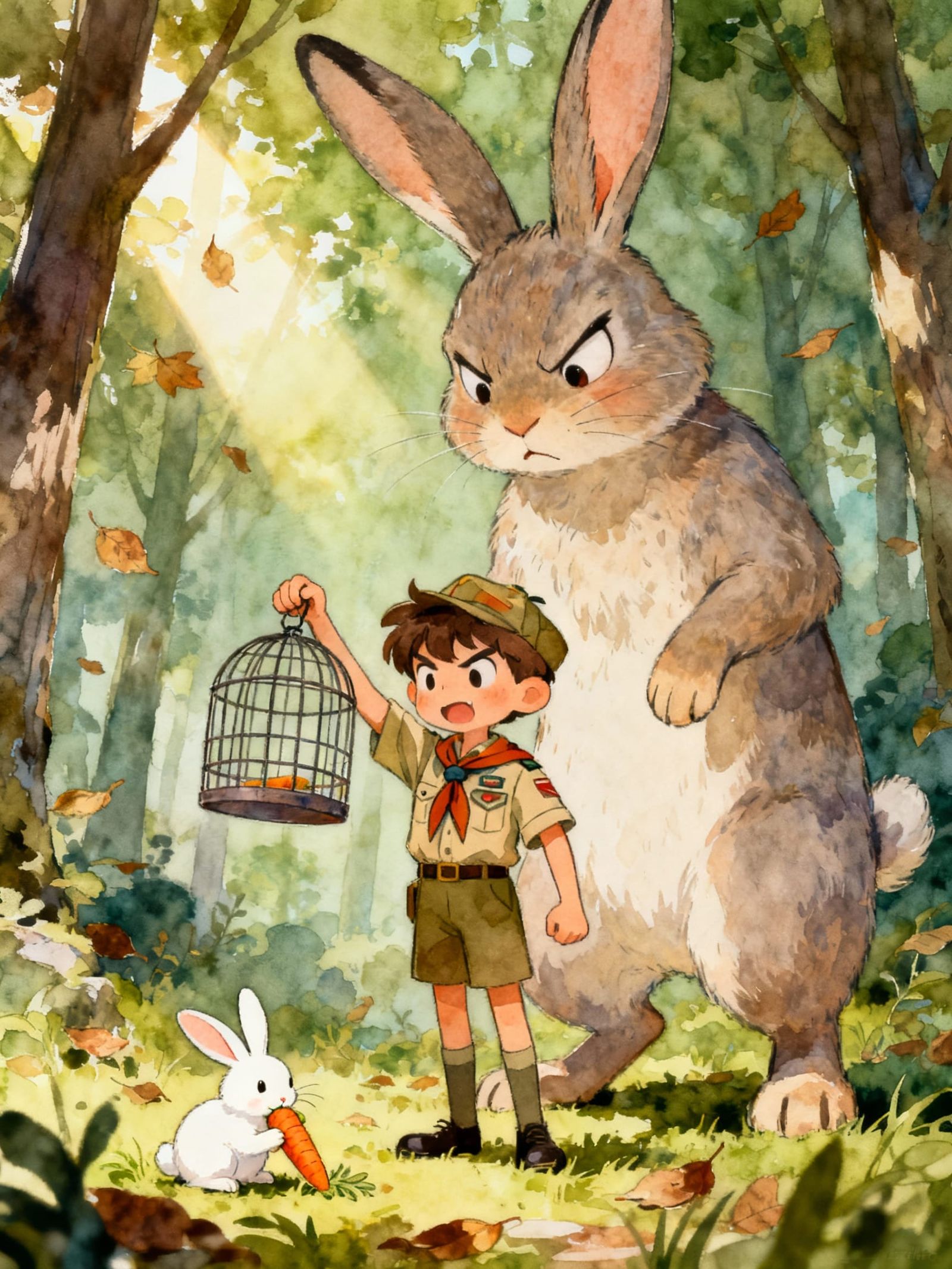 Mischievous Scout Attempts Rabbit Capture in Whimsical Fores...