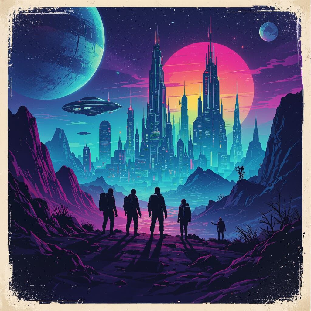 Futuristic Adventure Poster with Explorers on Alien Planet