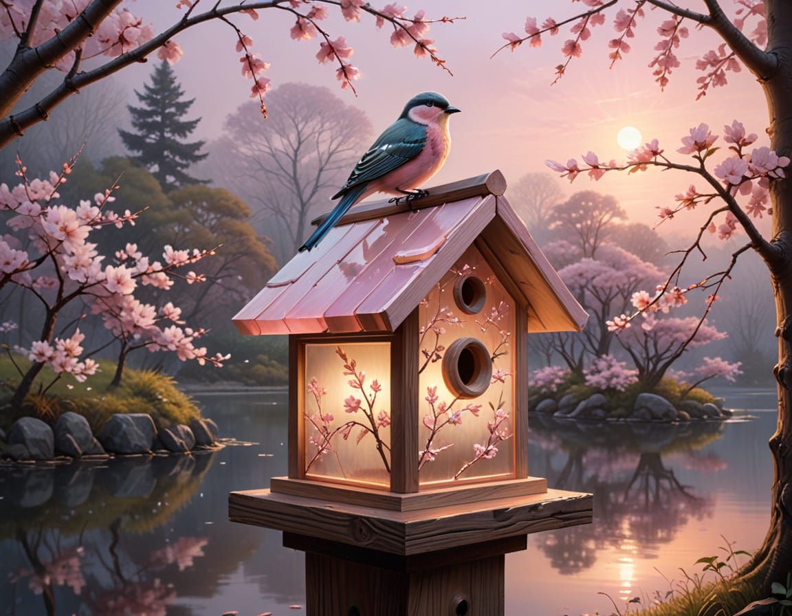 Shima Enaga Bird on Birdhouse Oil Painting