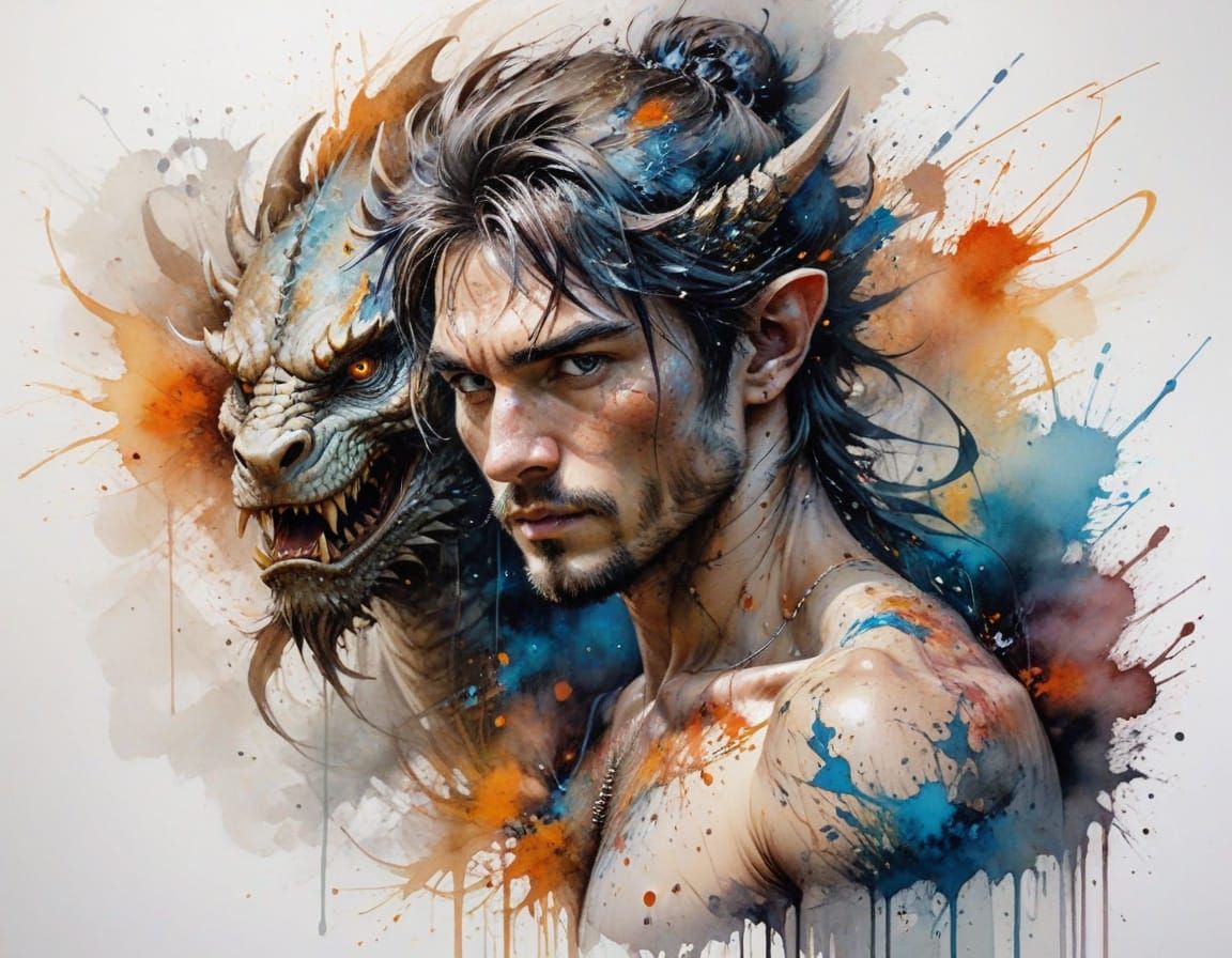 Human Dragon Warrior Trains Under Mice Masters in Watercolou...