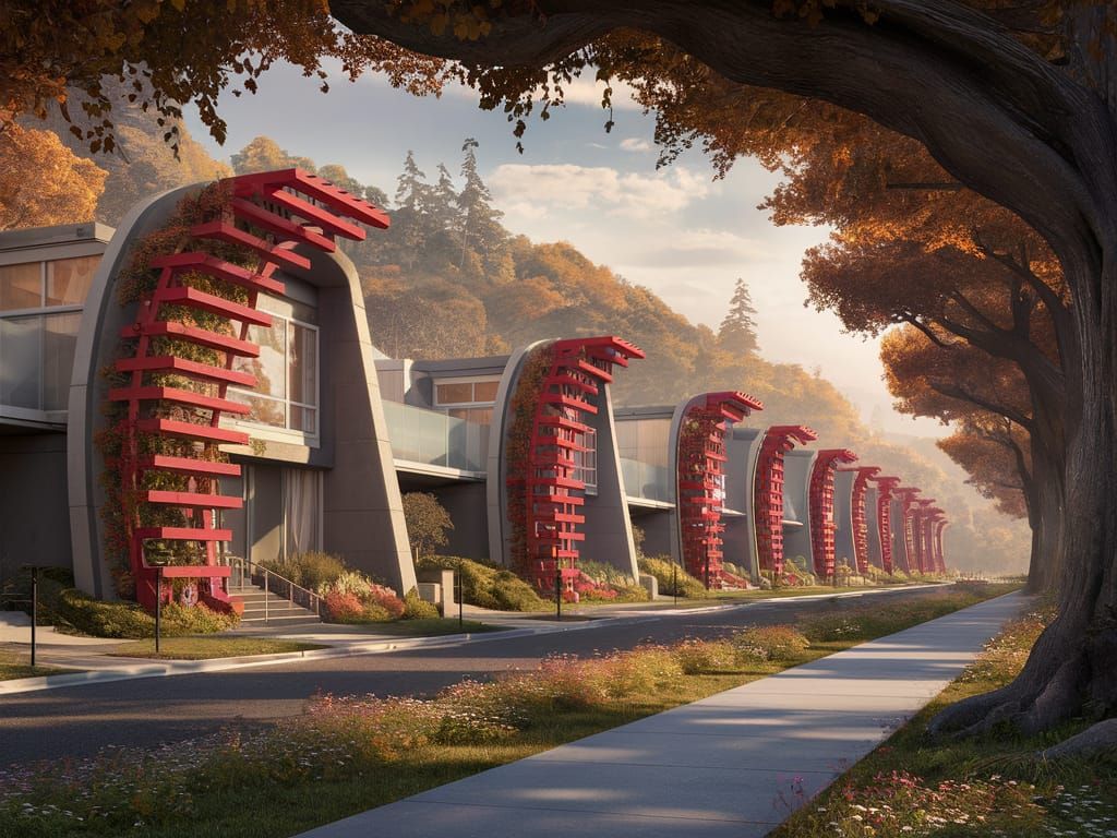 Utopian Futuristic Street Scene With Redwood Trellises