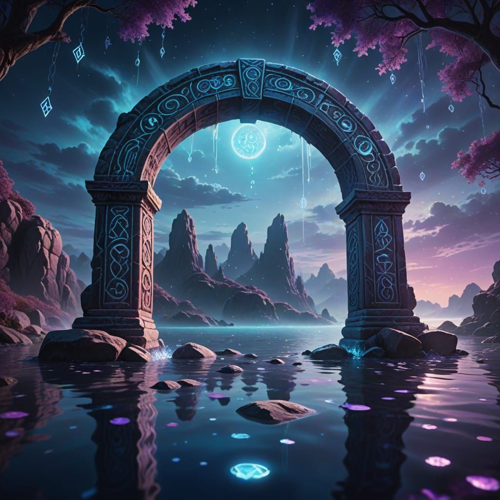 Mystical Moonlit Arch with Glowing Runes