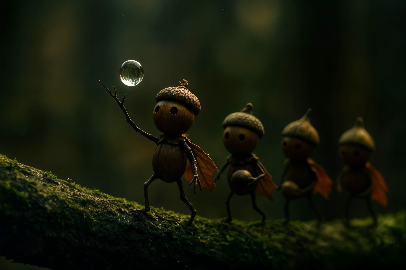 Whimsical Acorn People on Epic Journey: Cinematic Still