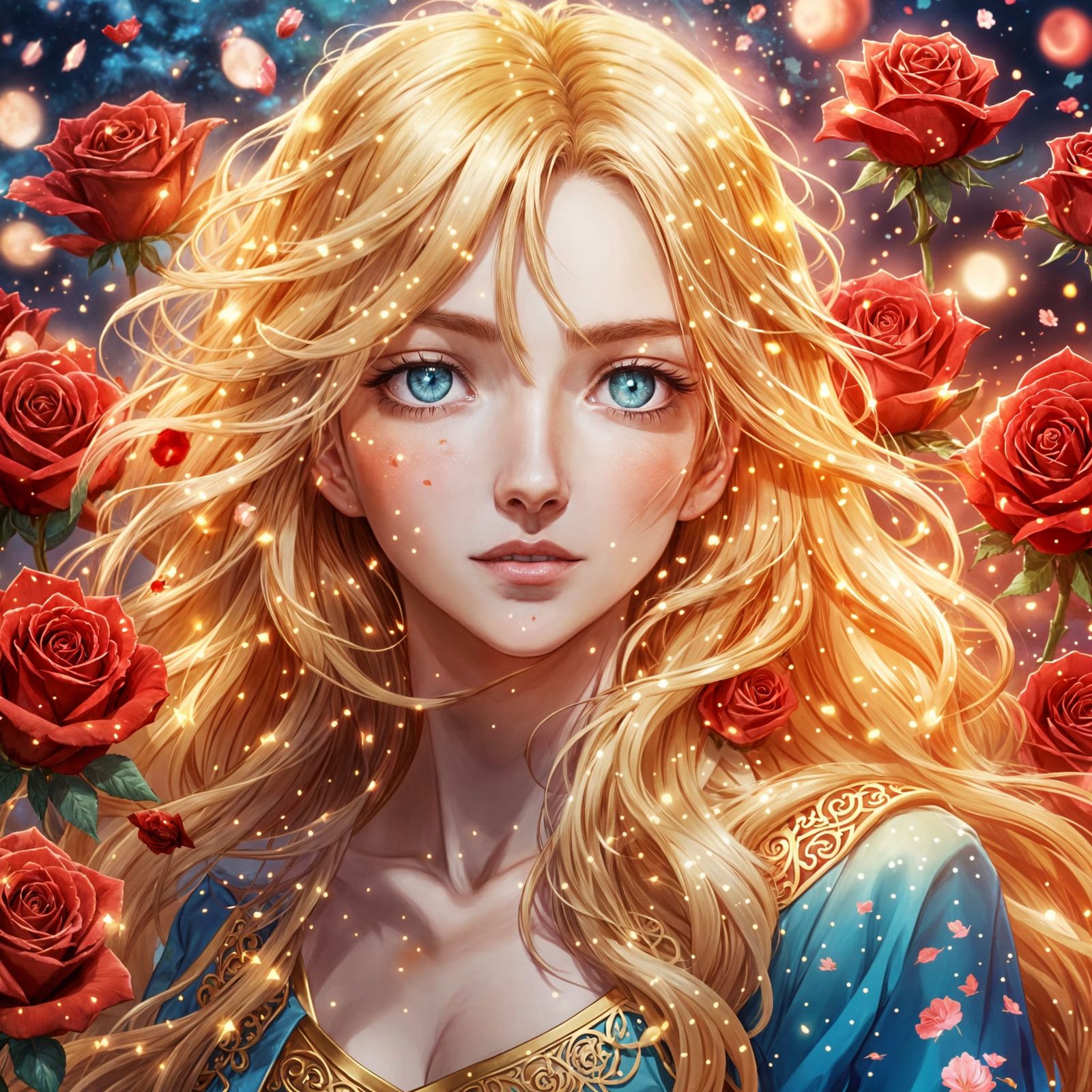 Golden Angel in a Garden of Red Roses