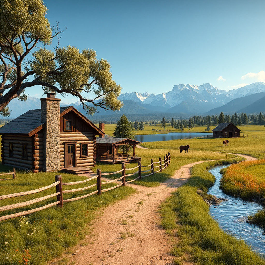 American Frontier Ranch House in 1860 Photorealistic Scene