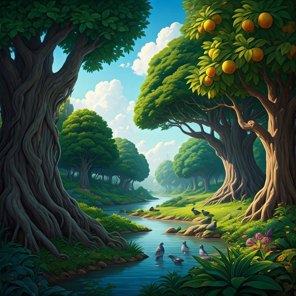 Lush Garden of Eden Landscape with Four Rivers