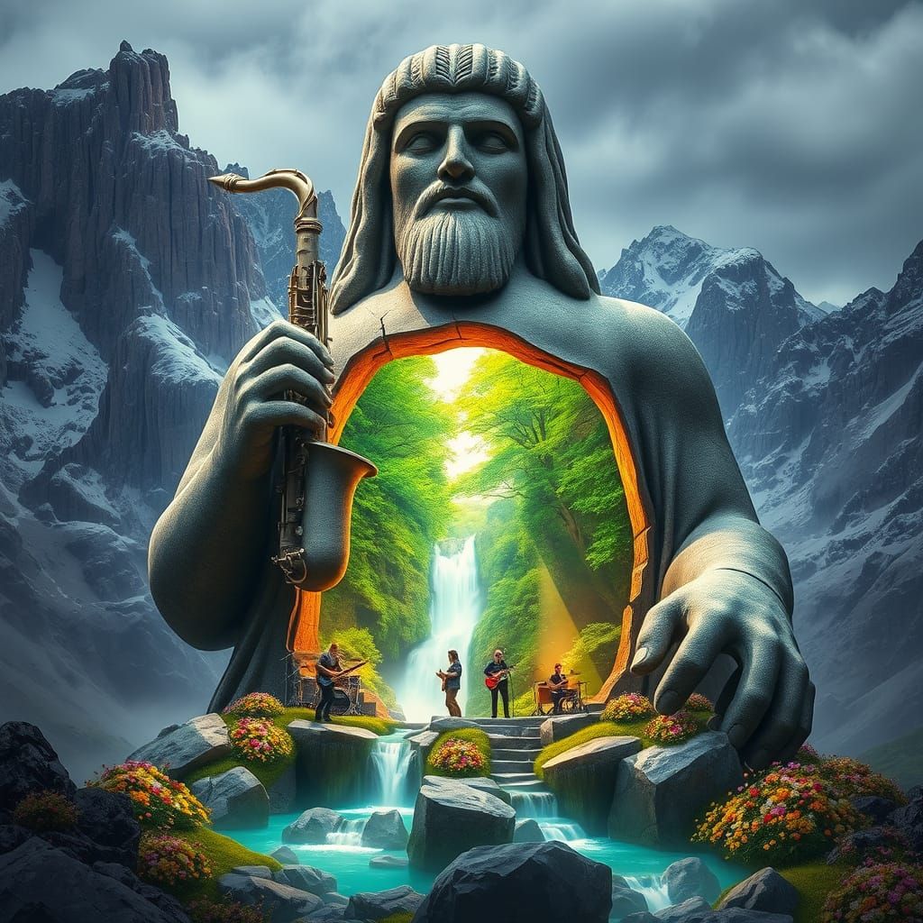 Cracked Statue Reveals Mountain Oasis with Band