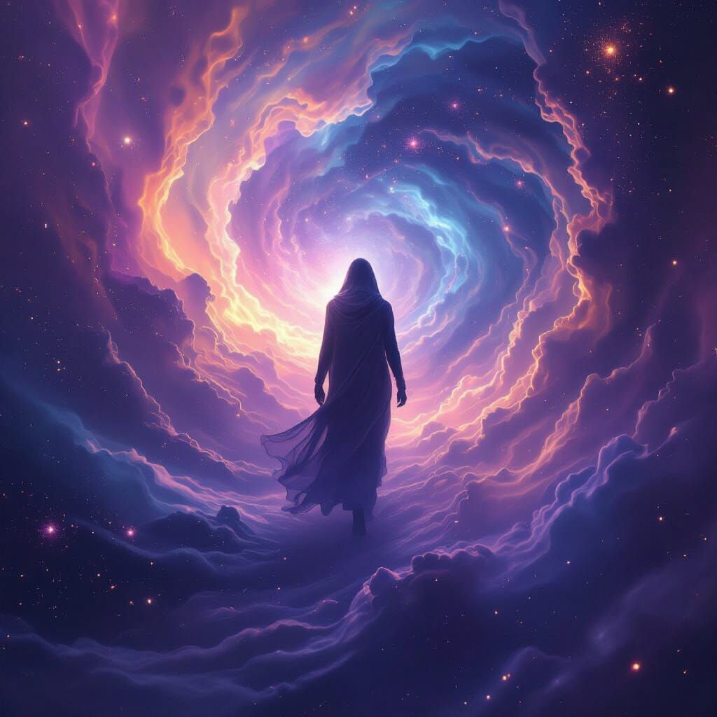Ethereal Figure in Vibrant Cosmic Nebula