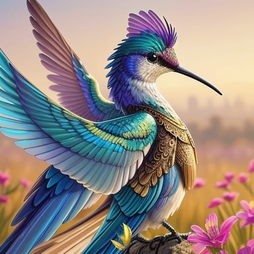 Majestic Hummingbird Near Vibrant Flowers Digital Painting