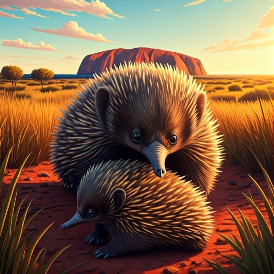 Surreal Echidna Family in Australian Steppe Landscape