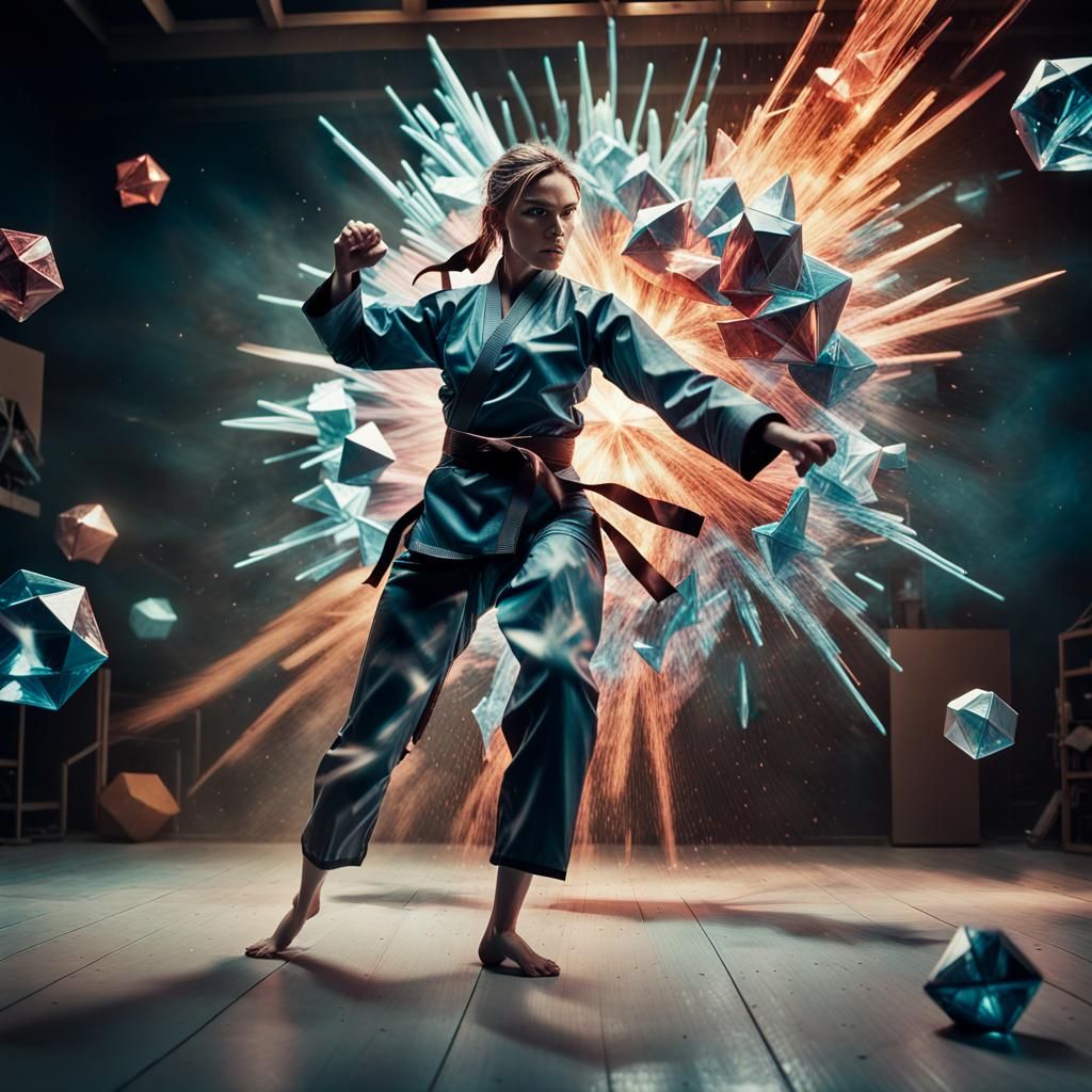 A formidable female martial artist frozen mid-kick, her body transitioning from a realistic figure study into a chaos of...