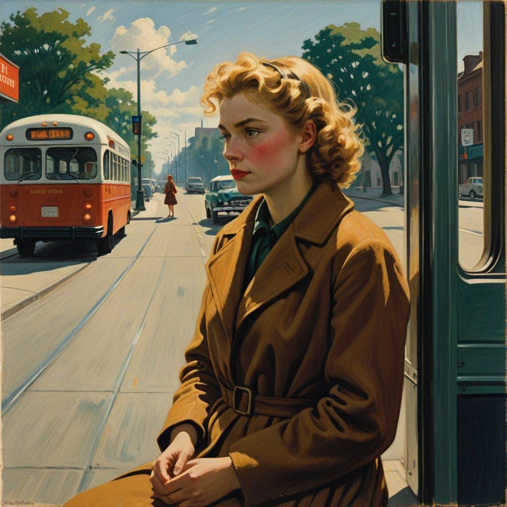 Woman Waiting in Rainy Day Atmosphere as Edward Hopper Paint...