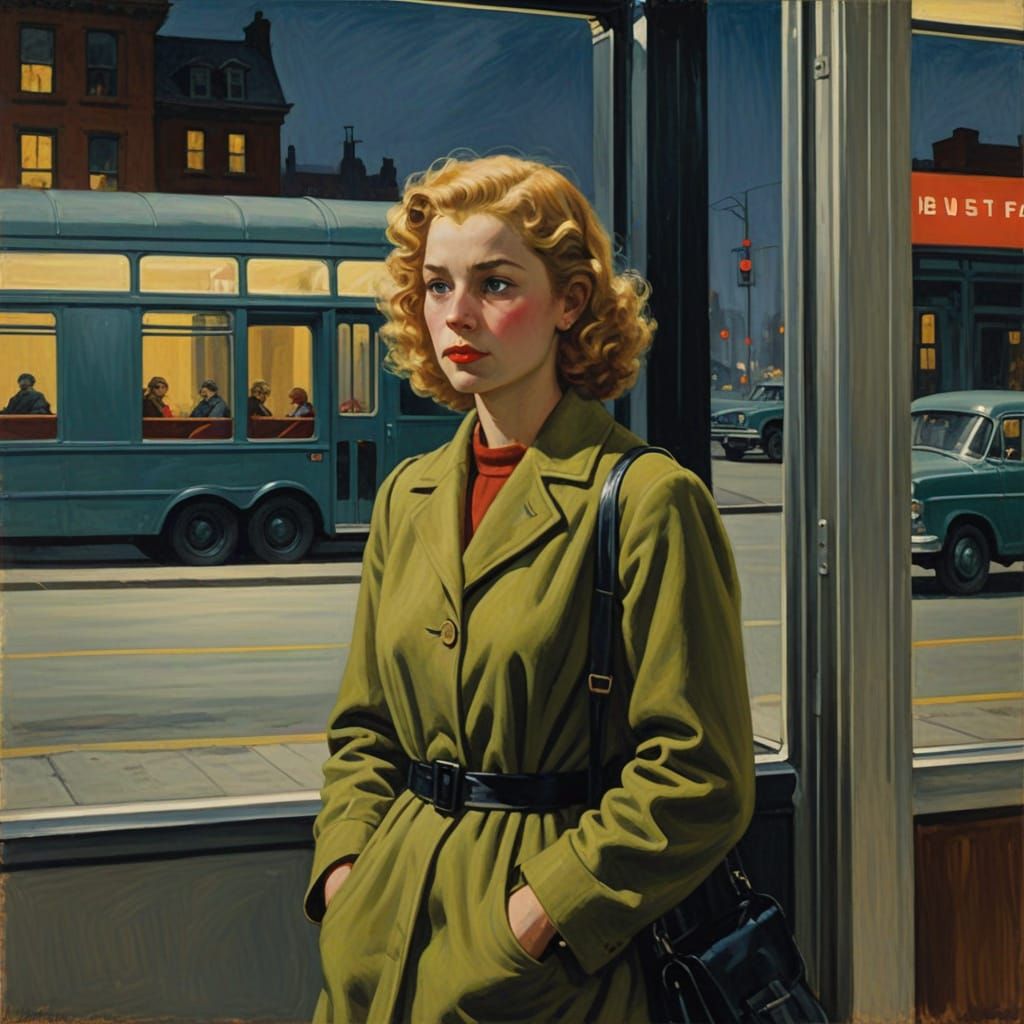 Woman Waiting at Bus Stop in 1950s American Realism