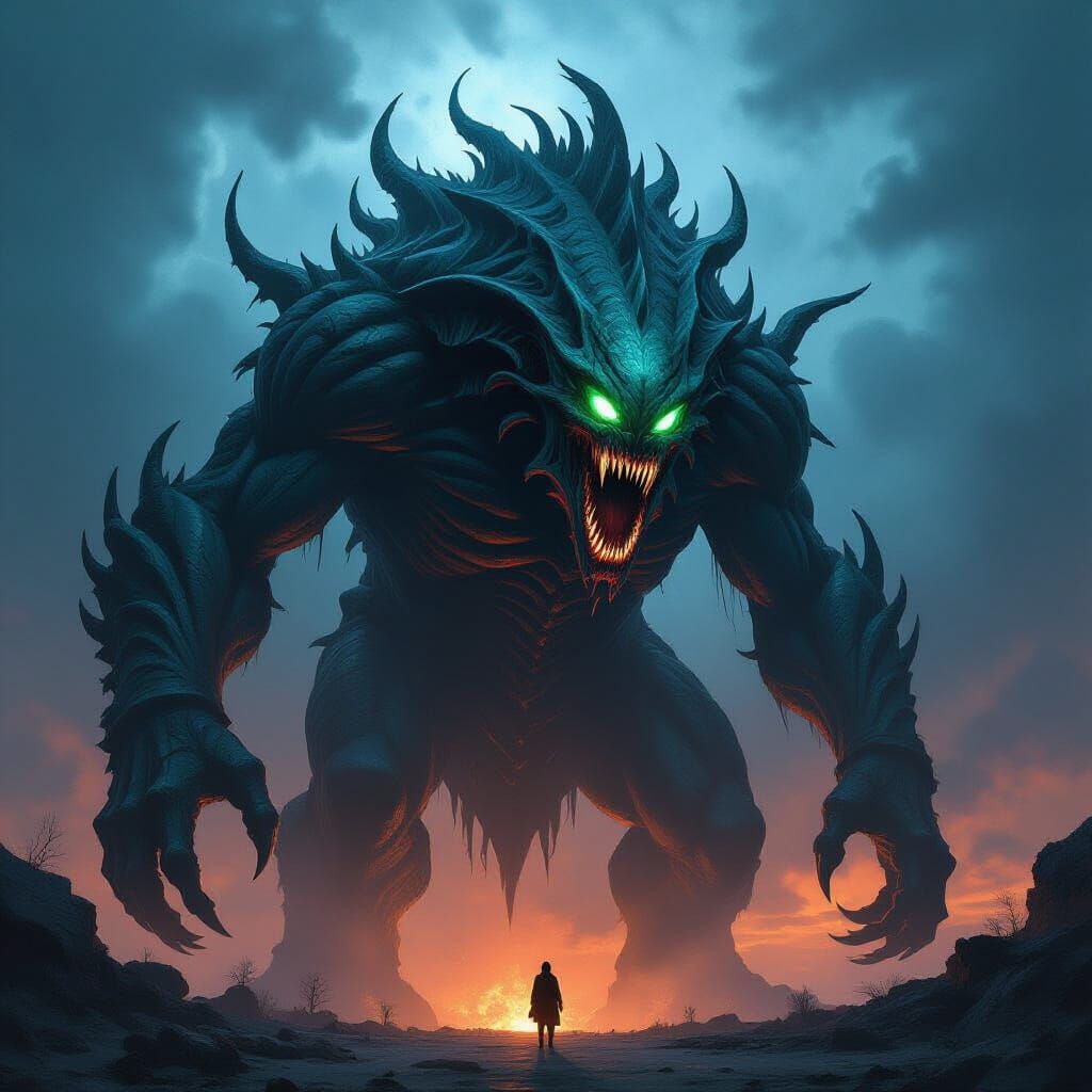 Colossal Bio-Mechanical Horror Beast in Dark Fantasy Style