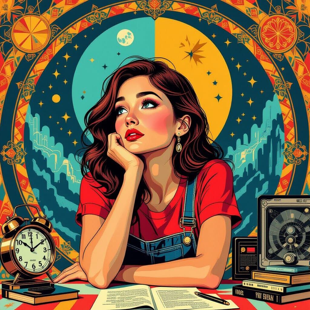 Nostalgic Young Woman in Vibrant Pop Art Style