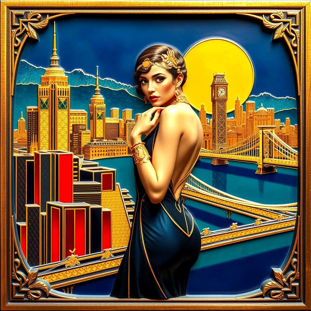 Art Deco Golden Woman Sculpture at Night