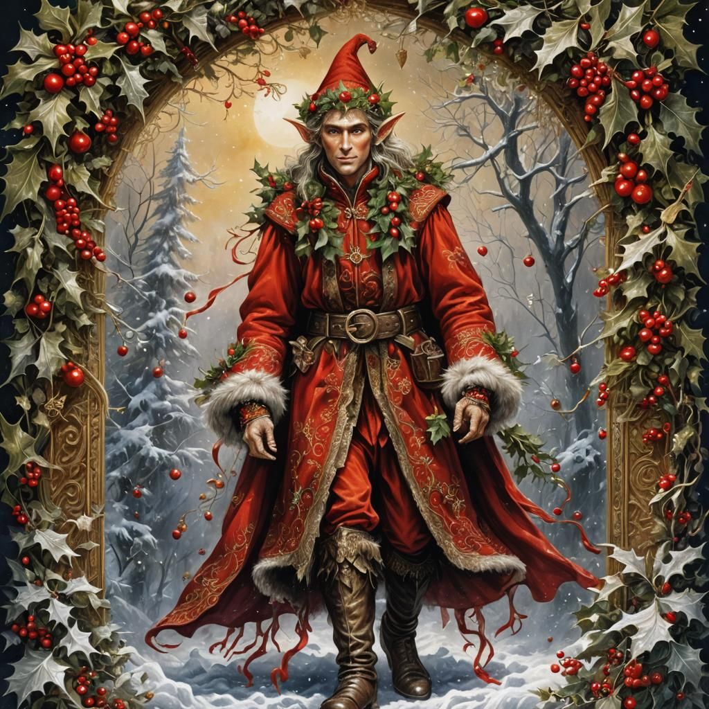 Vintage-Style Elf Portrait in Festive Winter Attire with Mis...
