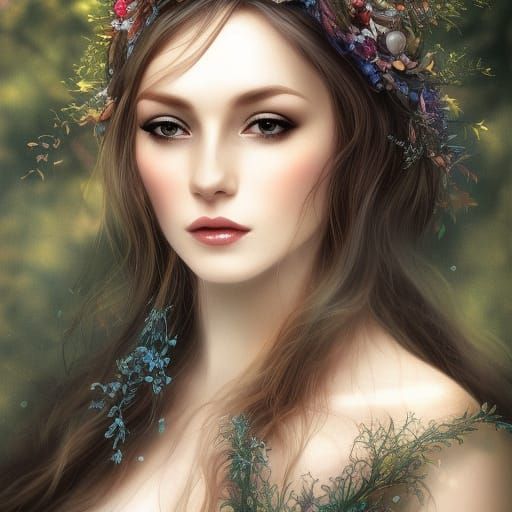 Glamorous Woodland Goddess Portrait in Art Nouveau Style