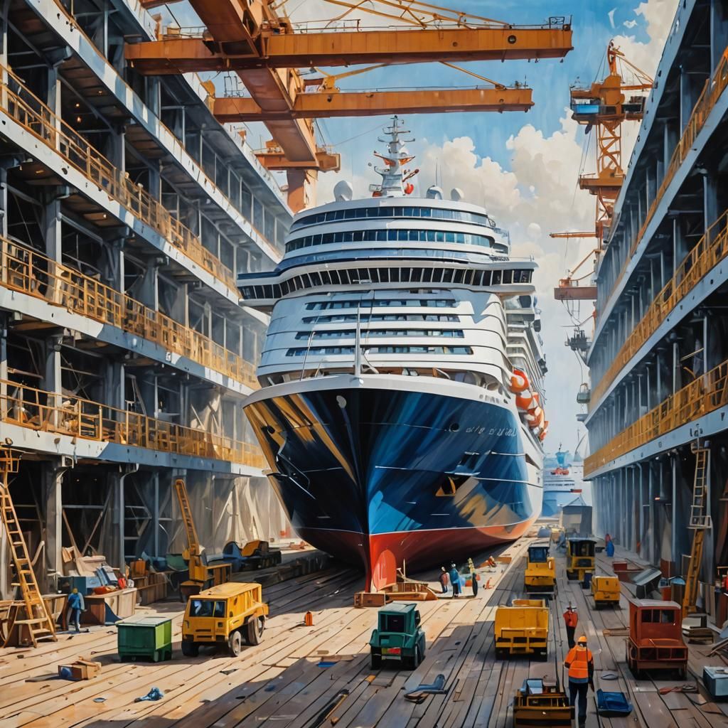 A large modern cruise ship is being built in a shipyard