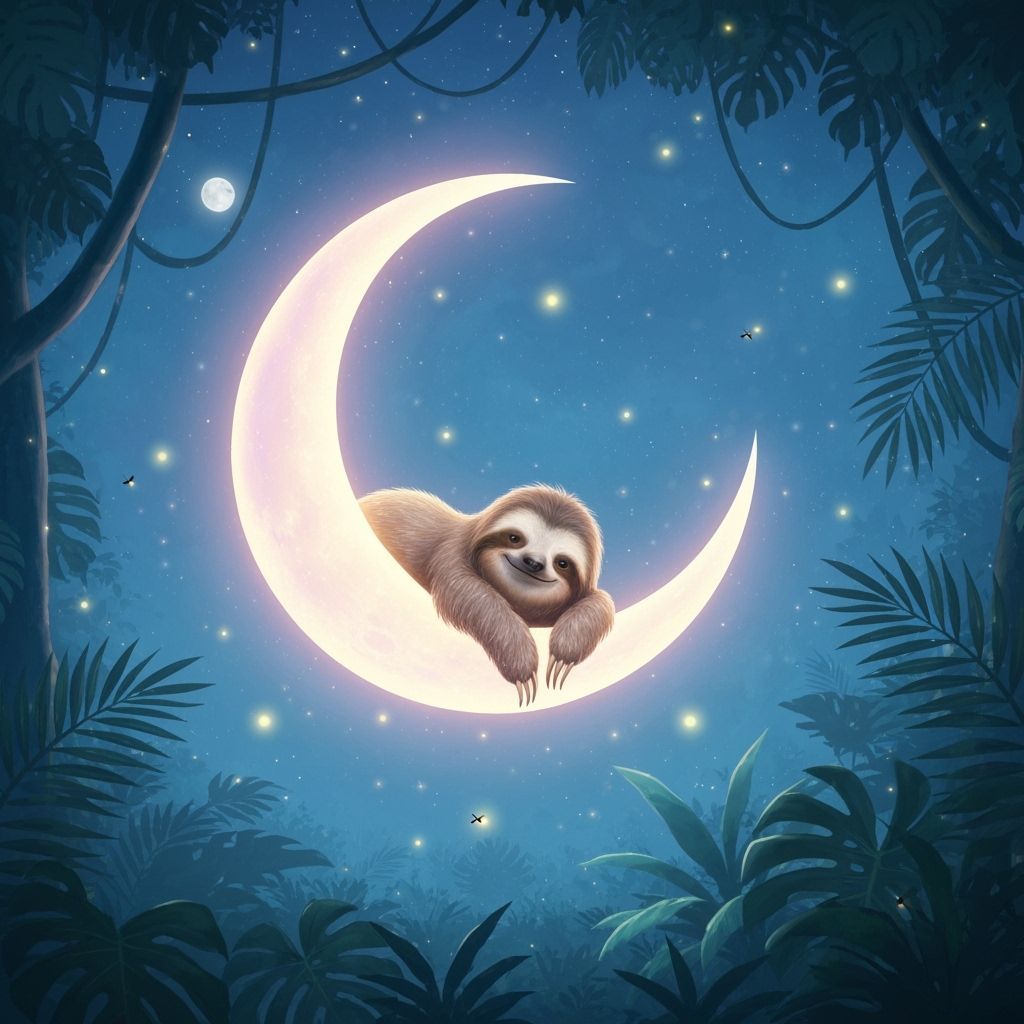 Gentle Sloth on Moonlit Crescent in Starry Rainforest