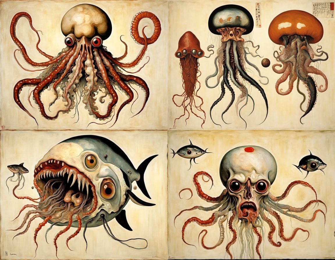 Mythical Sea Creatures in Ukiyo-e Surrealist Style