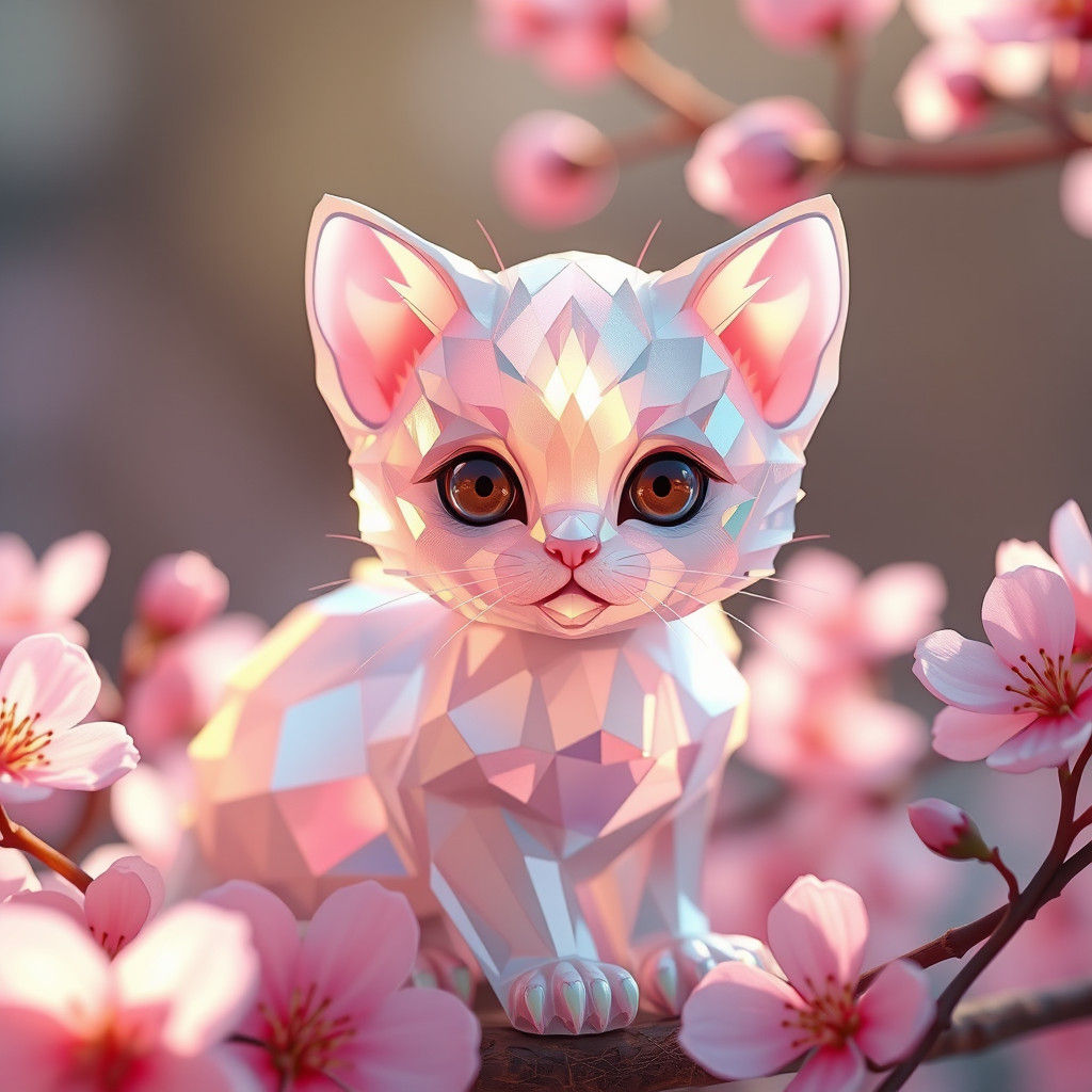 Translucent Crystal Kitten Surrounded by Pink Blossoms
