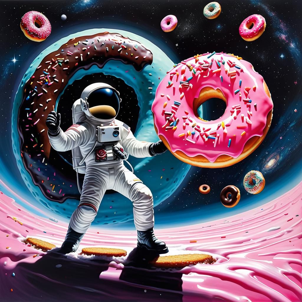 Donut in Space Explored by Astronaut in Retro Style