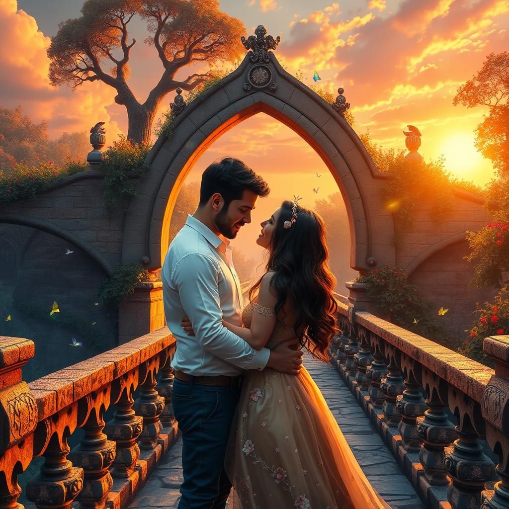 Couple Embrace on Mystical Stone Bridge at Sunrise